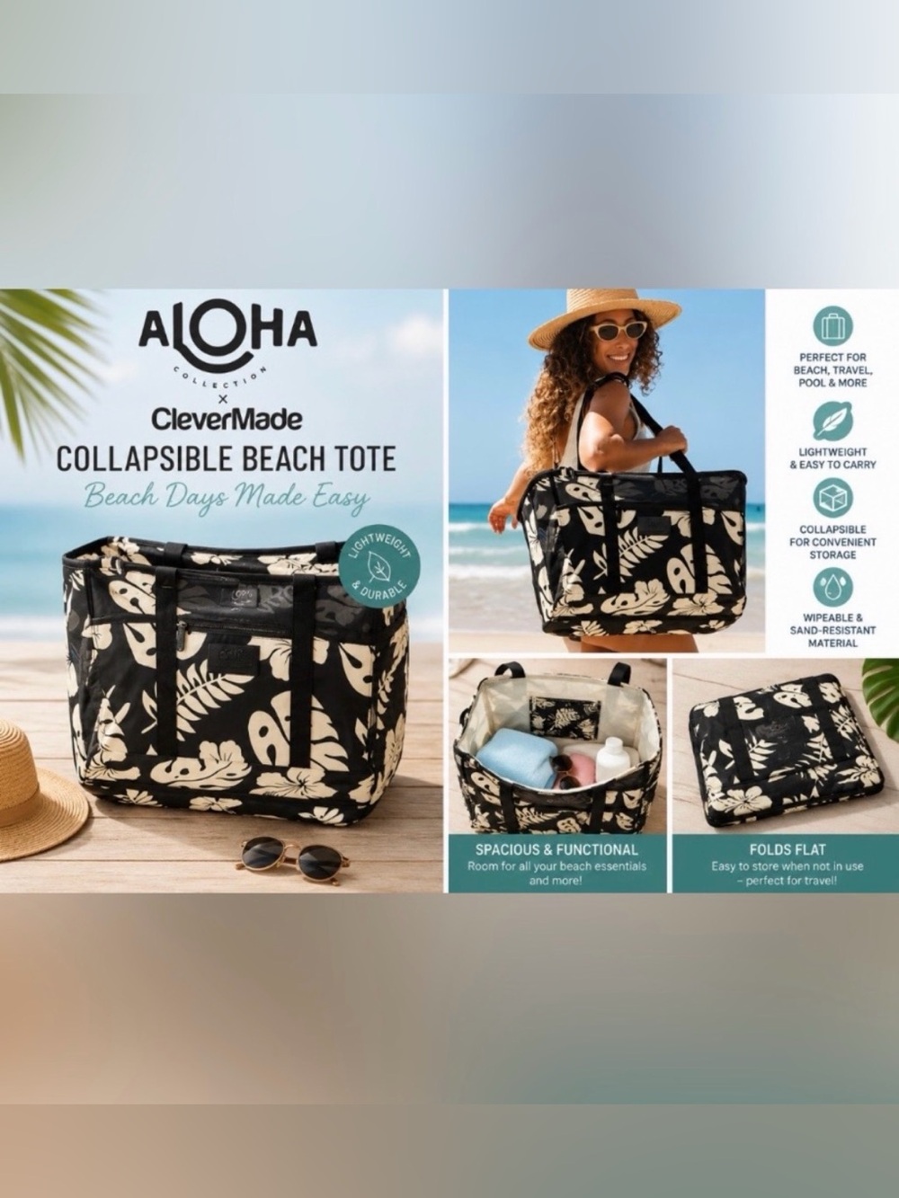 NWT Aloha Collection CleverMade Collapsible Beach Tote